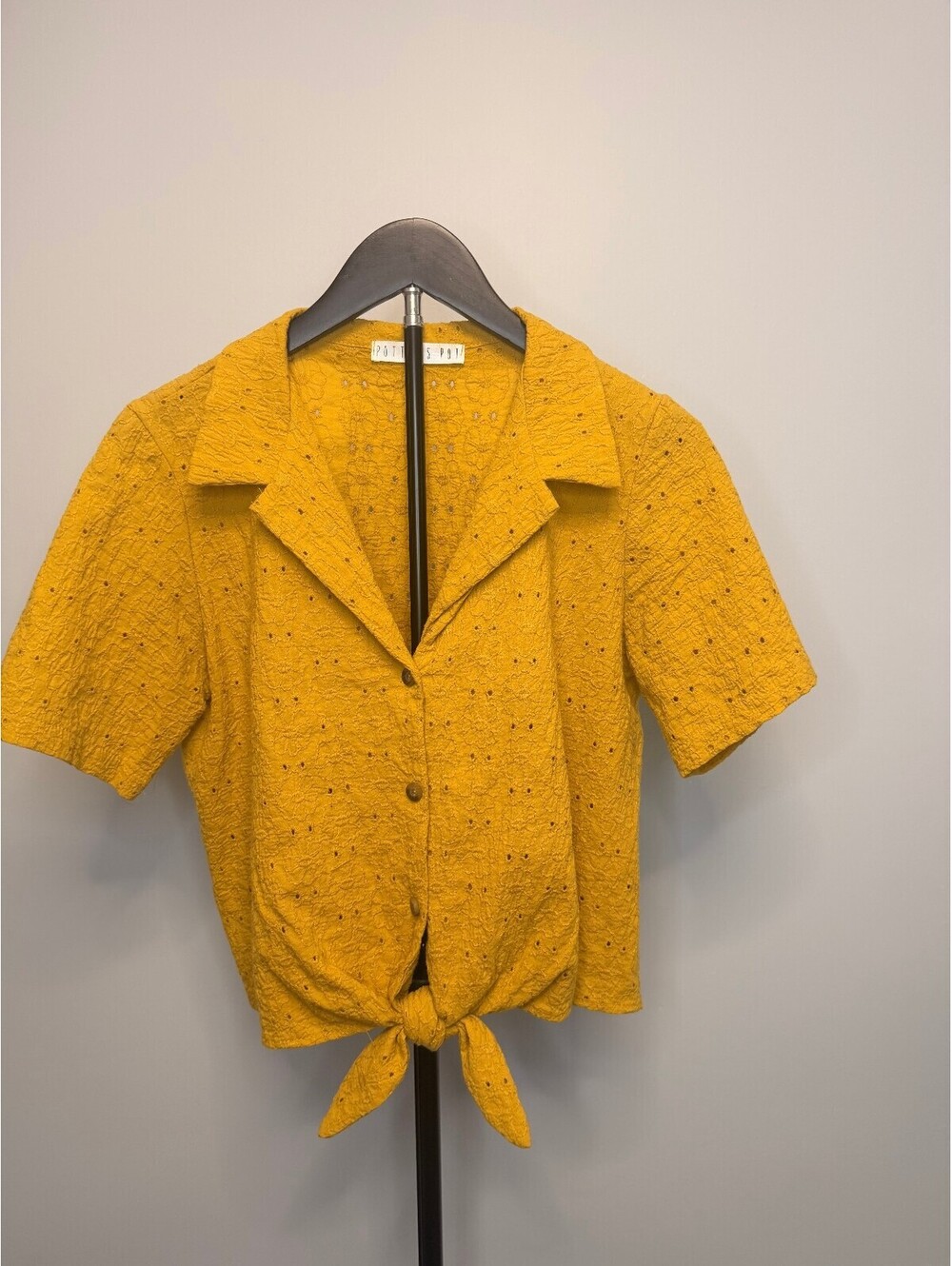 Potter's Pot Mustard Yellow Cotton Eyelet Tie-Front Shirt, Size M
